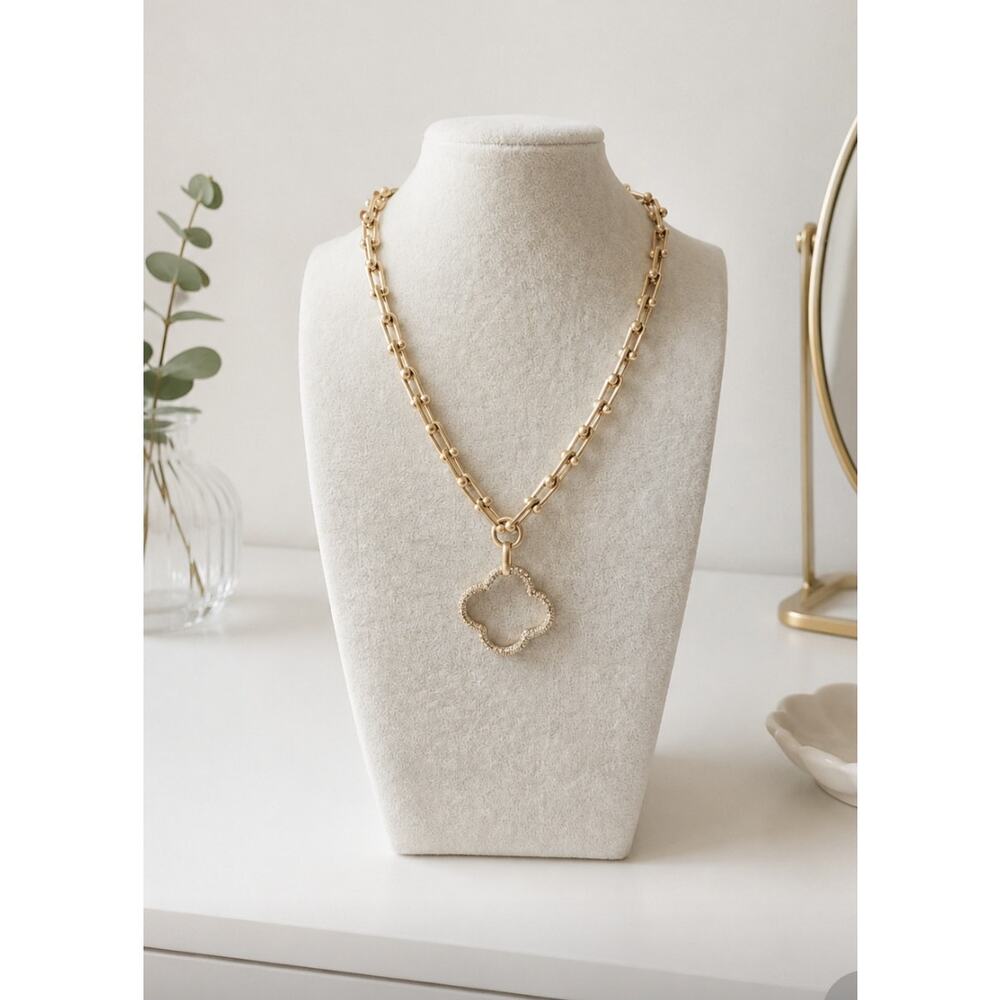 Pomina Gold Ball Chain Rhinestone Clover Pendent Necklace